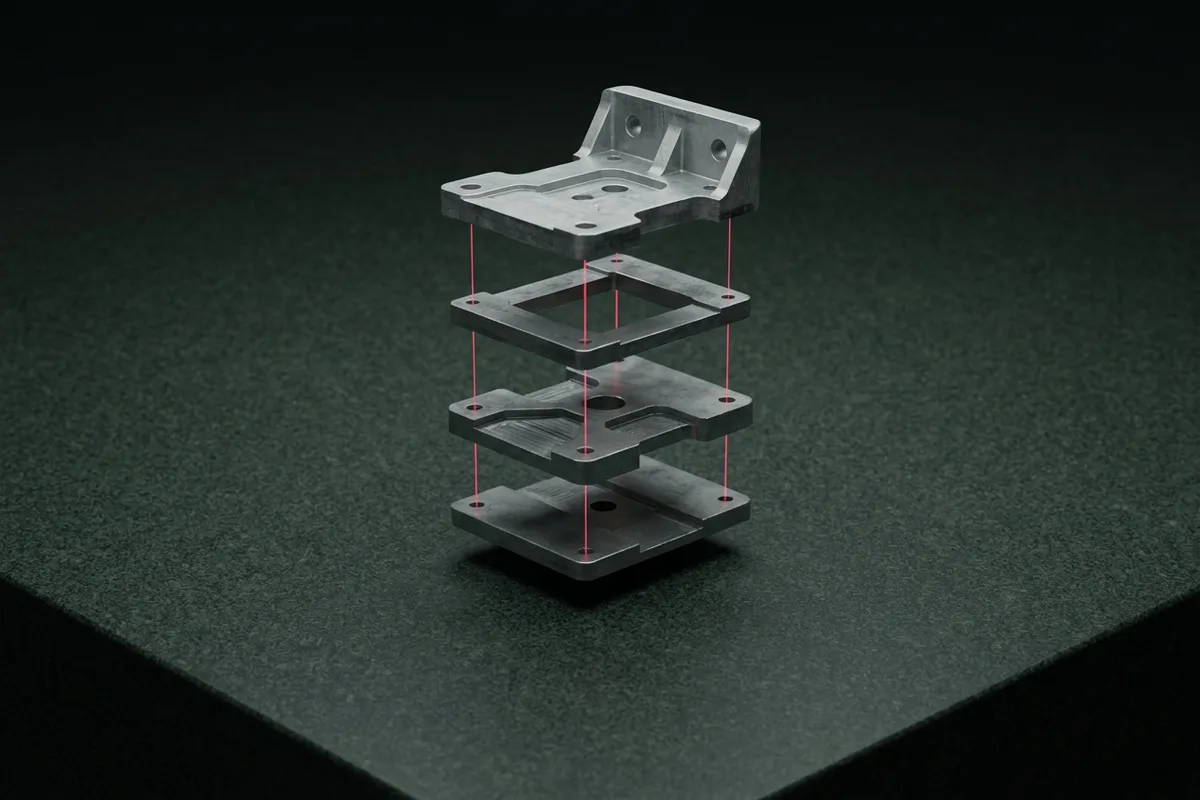 Lo stesso pezzo scomposto in quattro strati sospesi uno sopra l'altro, collegati da linee laser verticali.